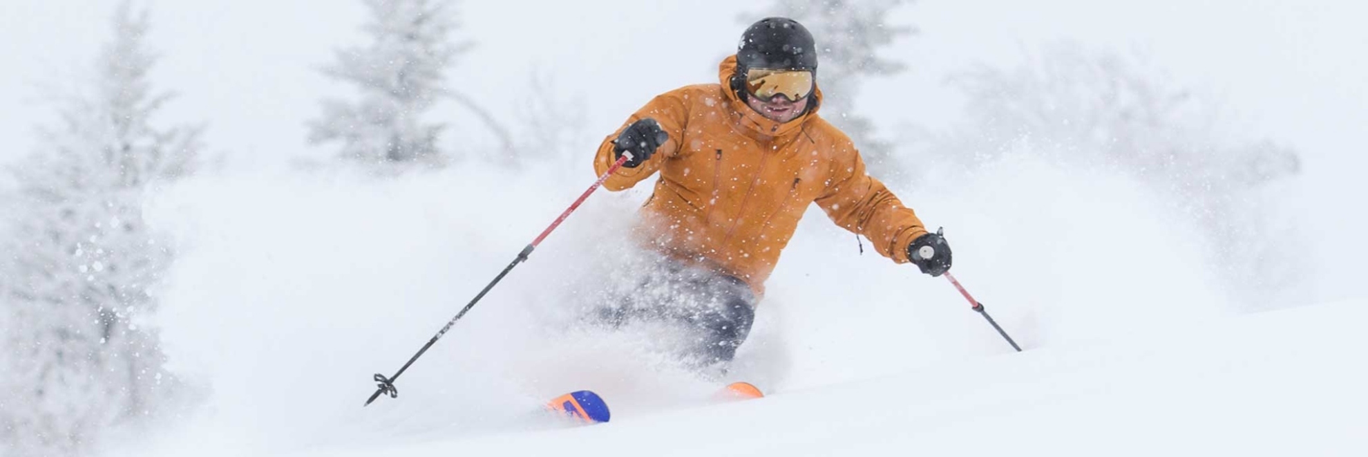 	skier in orange jacket skiing powder